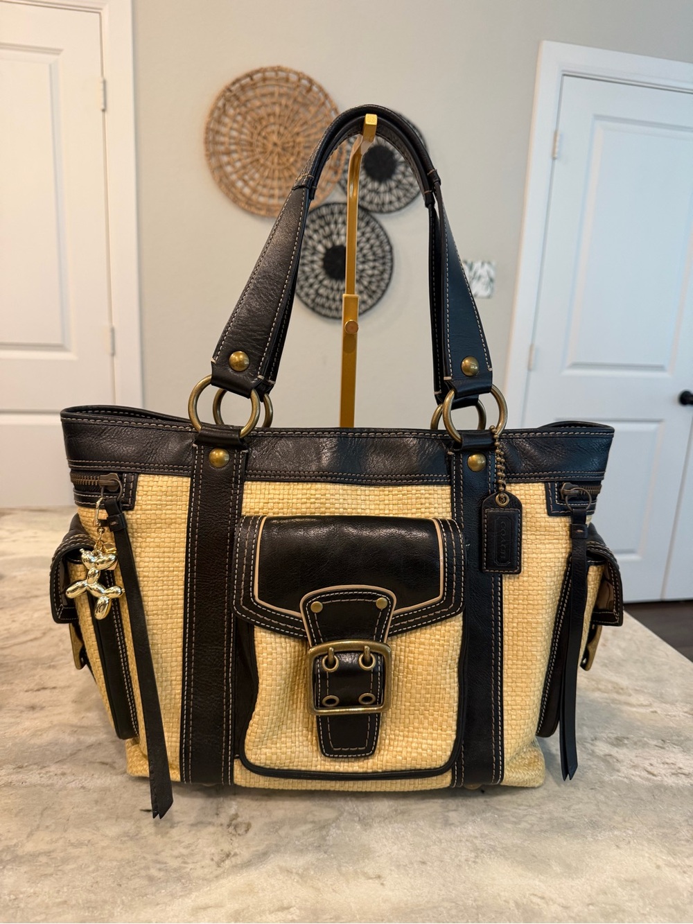 Coach Woven Straw Tote with Black Leather Trim